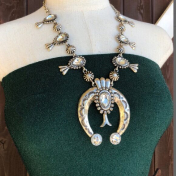 Athena Galore Jewelry - Bohemian Western Cowboy Horseshoe Squash Blossom Silver Rhinestone Necklace